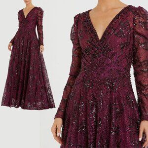 Mac Duggal 20353  Size 14 Red  Embellished V-Neck Long Sleeve A-Line Gown Dress